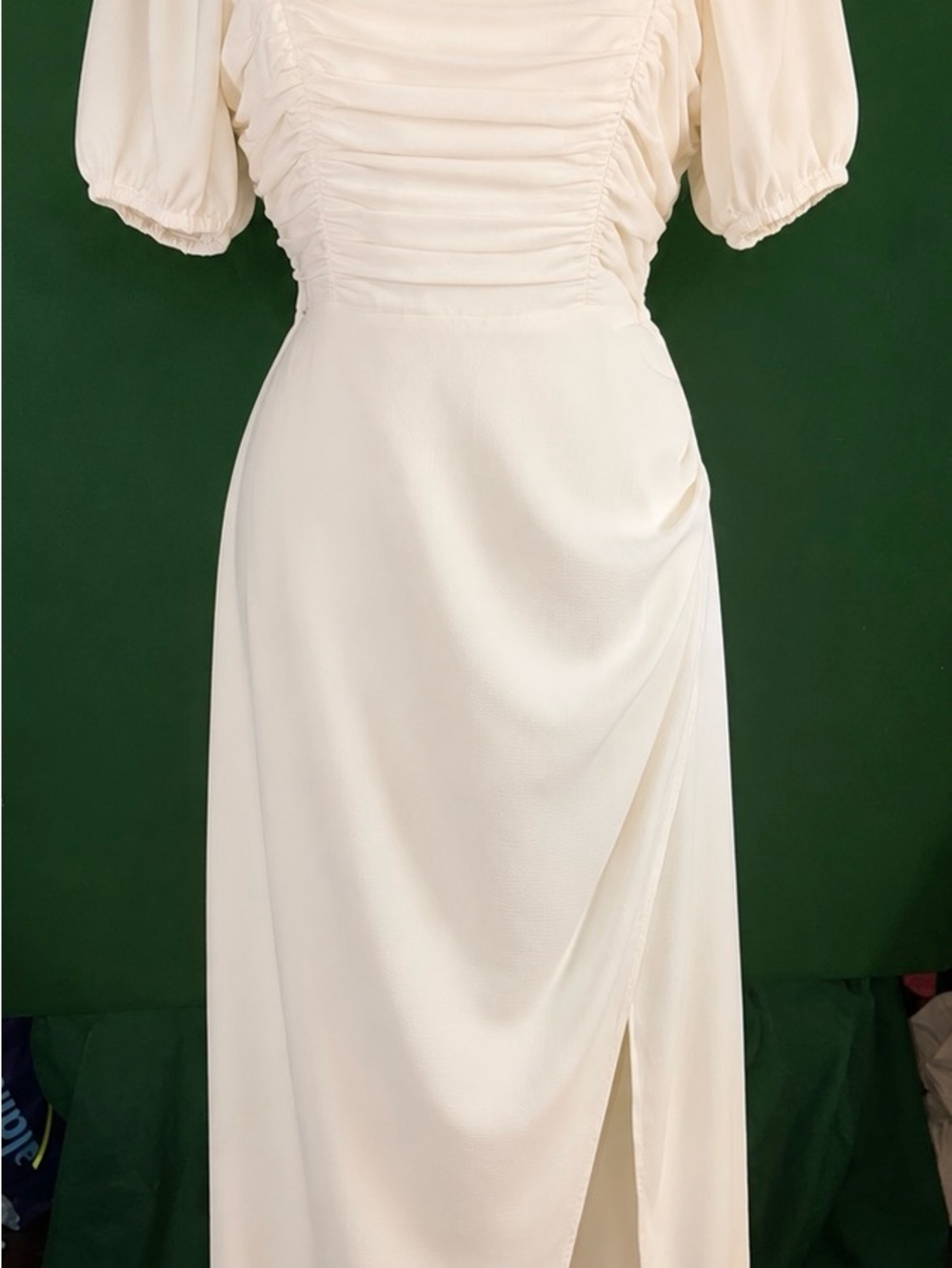 French Connection Cream Ruched Maxi Dress with Puff Sleeves